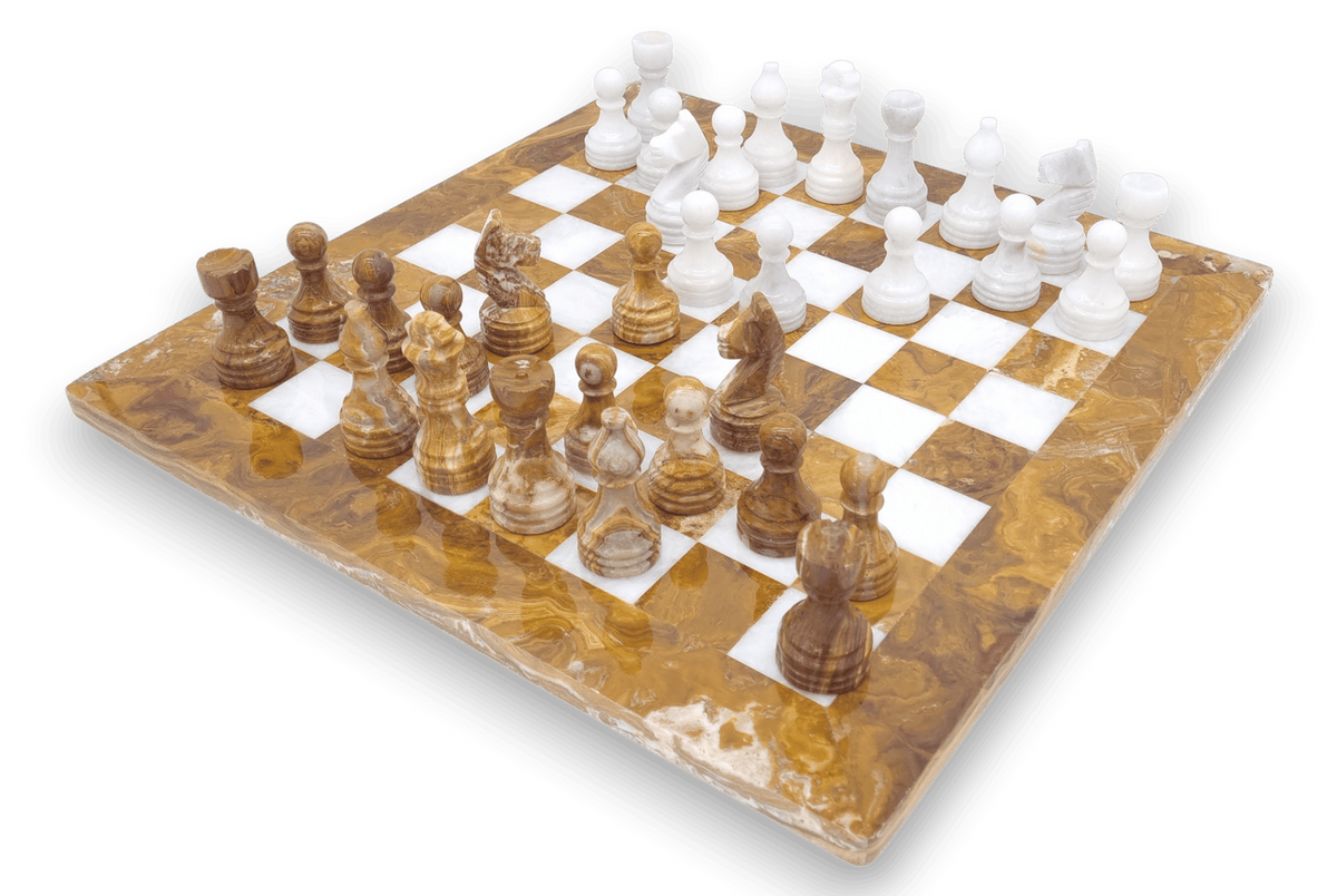 Red Onyx and White Marble Chess Set - diagonal, midgame