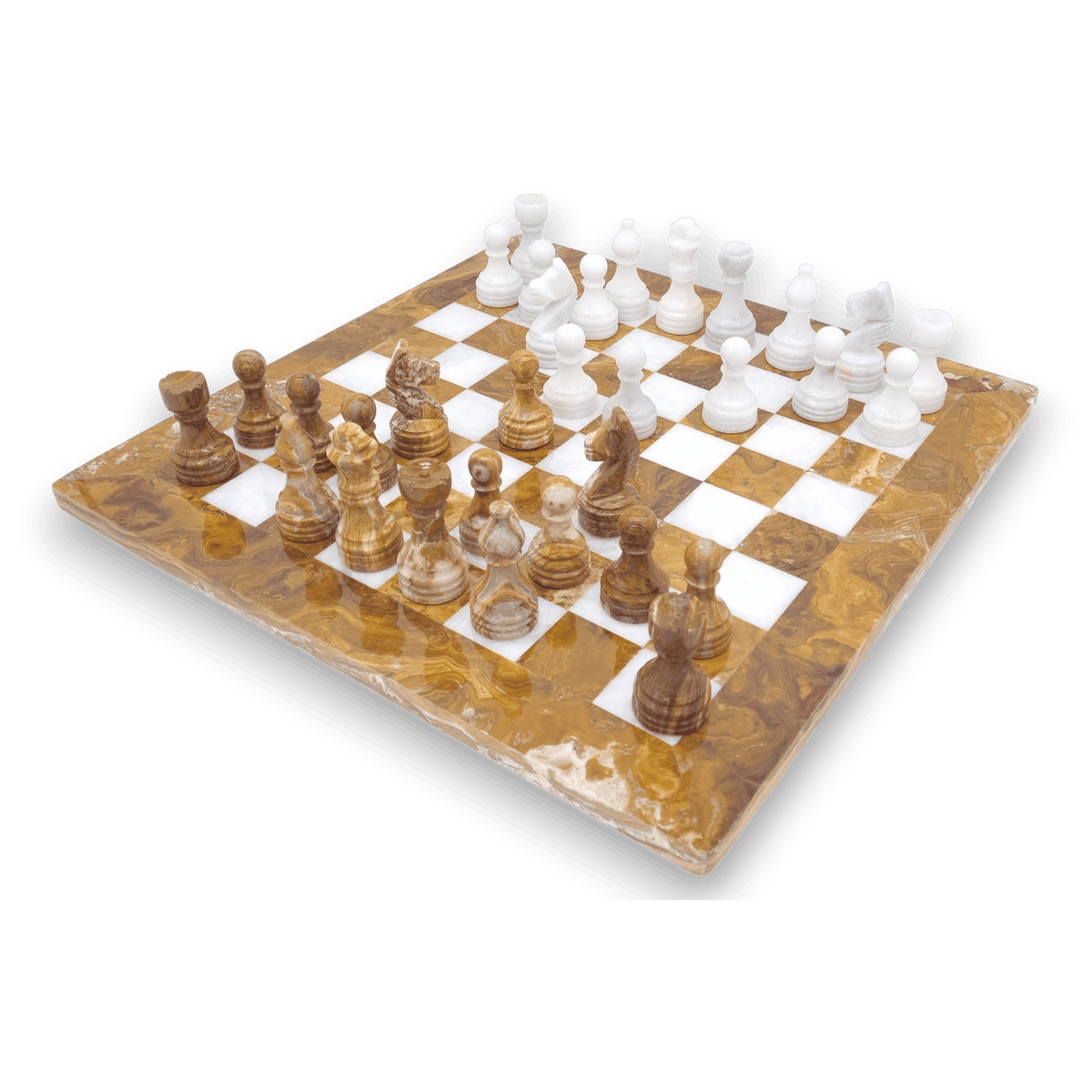 Red Onyx and White Marble Chess Set - diagonal, midgame