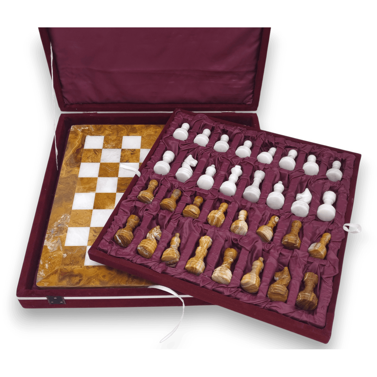 Red Onyx and White Marble Chess Set in Burgundy Case