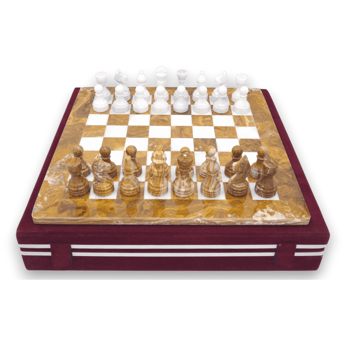 Red Onyx and White Marble Chess Set with Burgundy Case