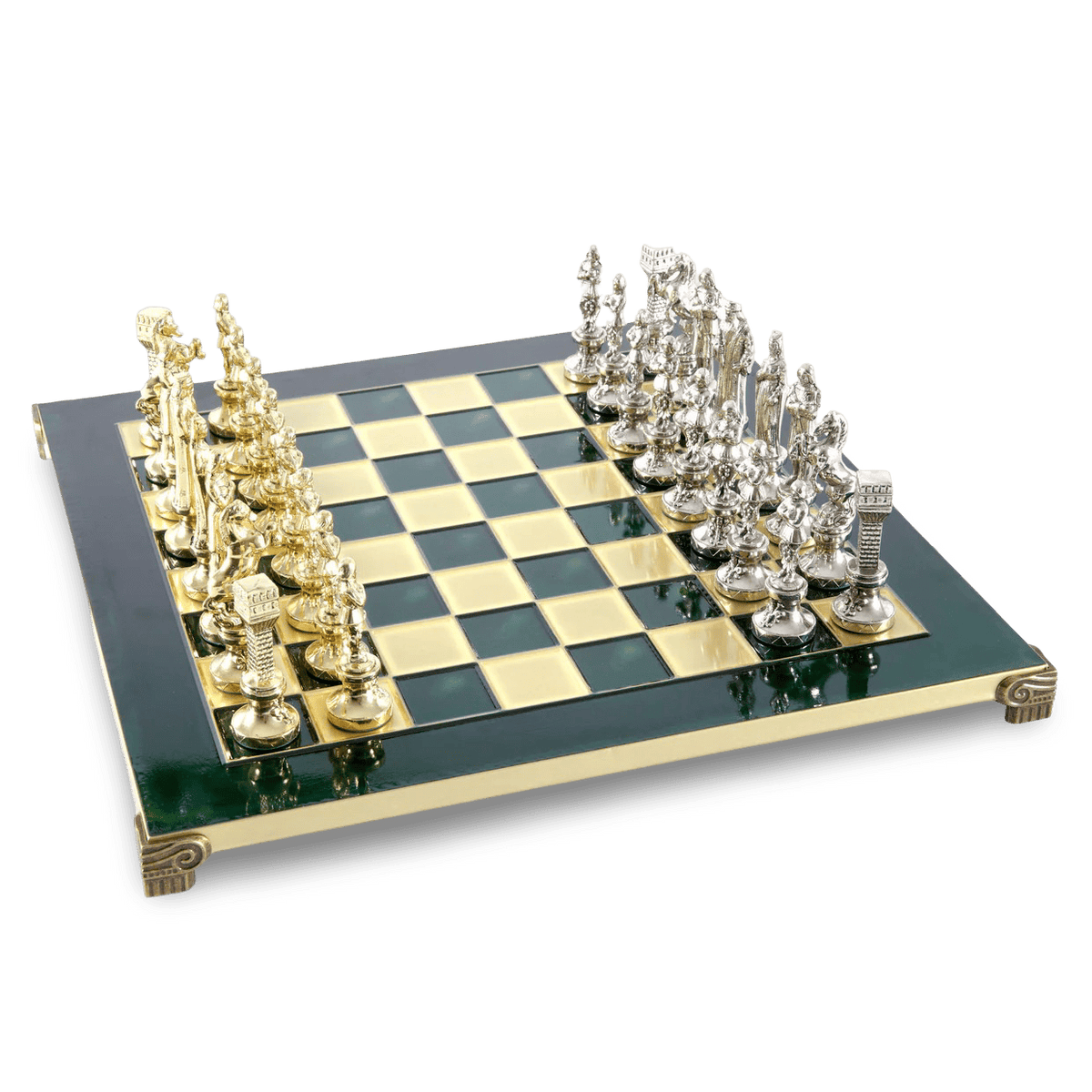 Renaissance chess pieces green metal chess board themed set