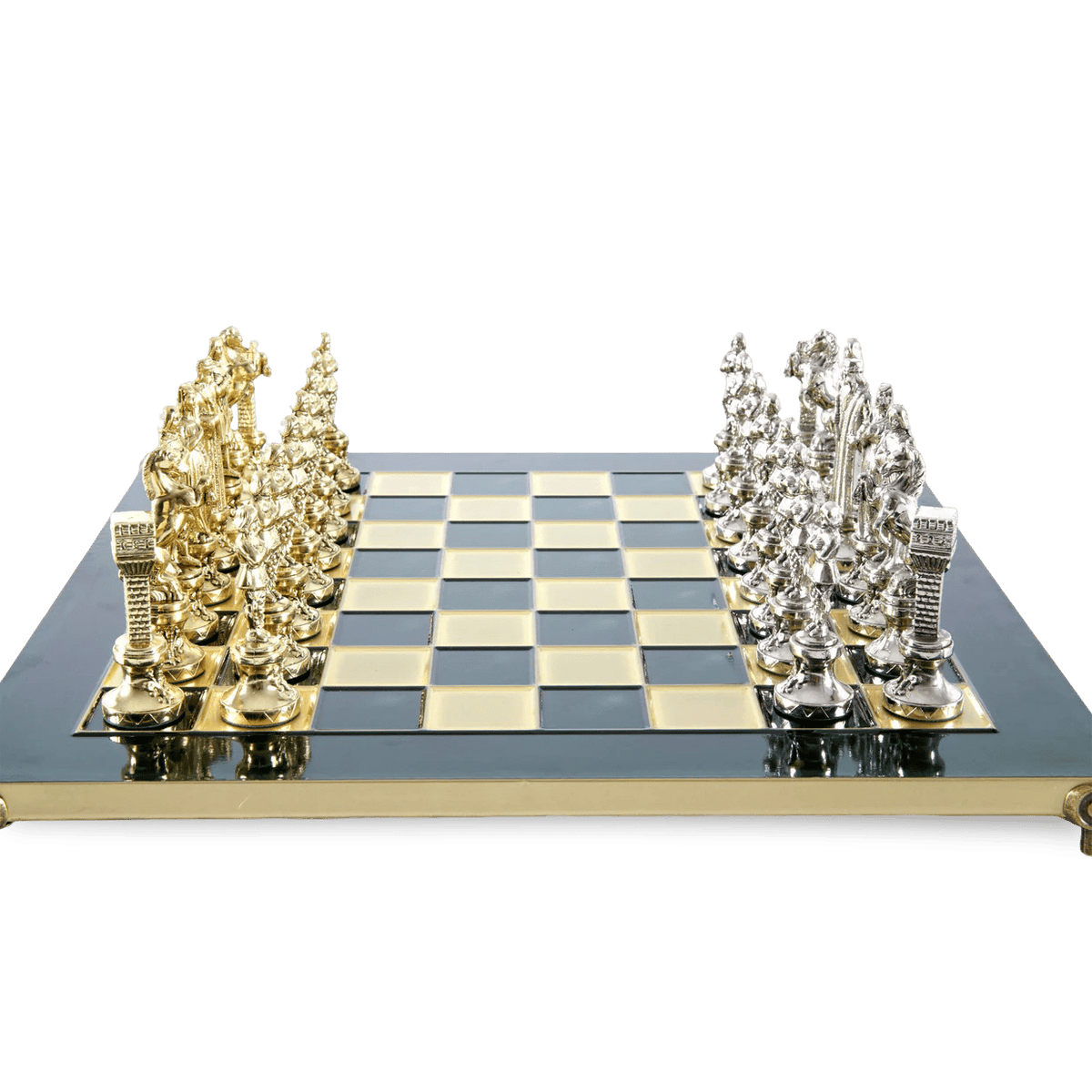 Renaissance chess pieces green metal chess board themed set - side view