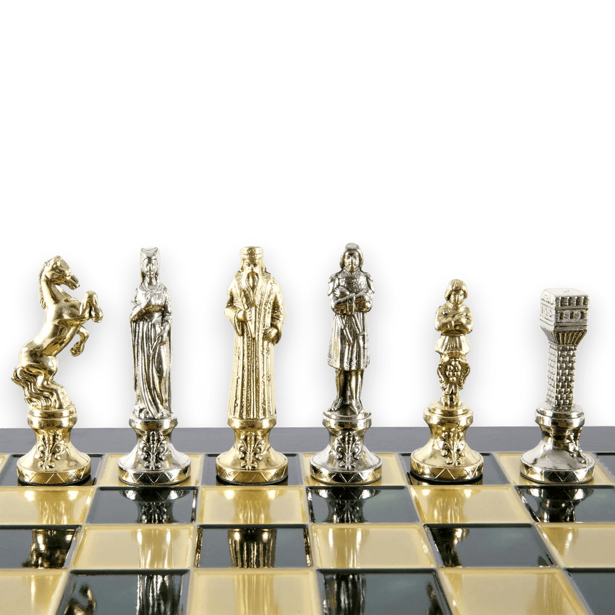 Renaissance chess pieces metal themed detail chessmen