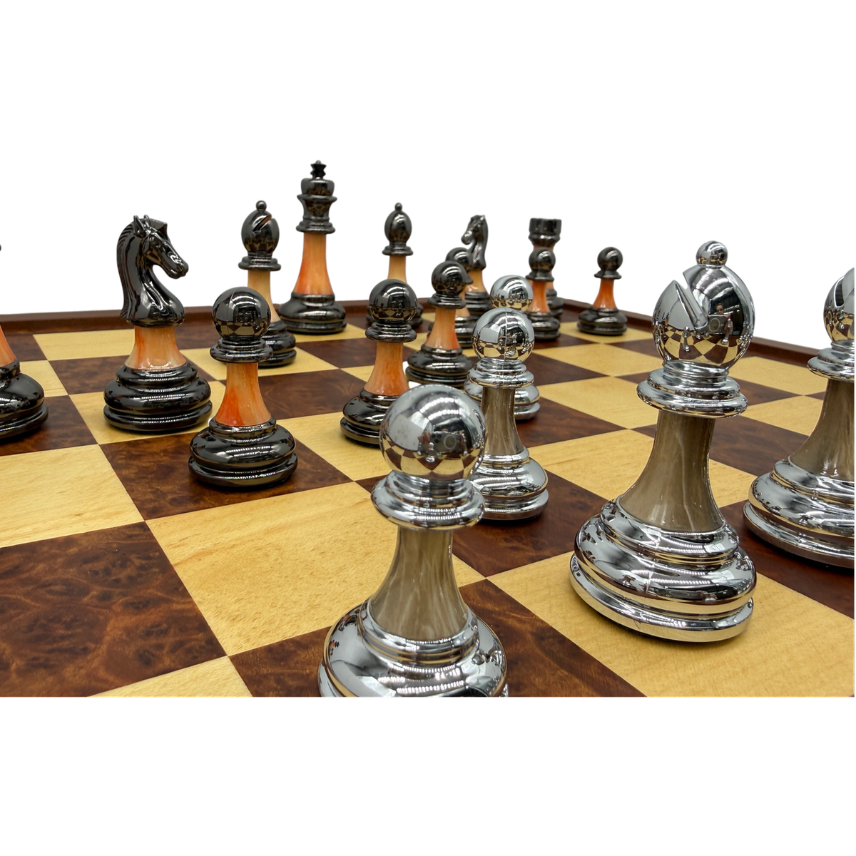 Metal and Marble Look Chess Pieces - Silver and Bronze