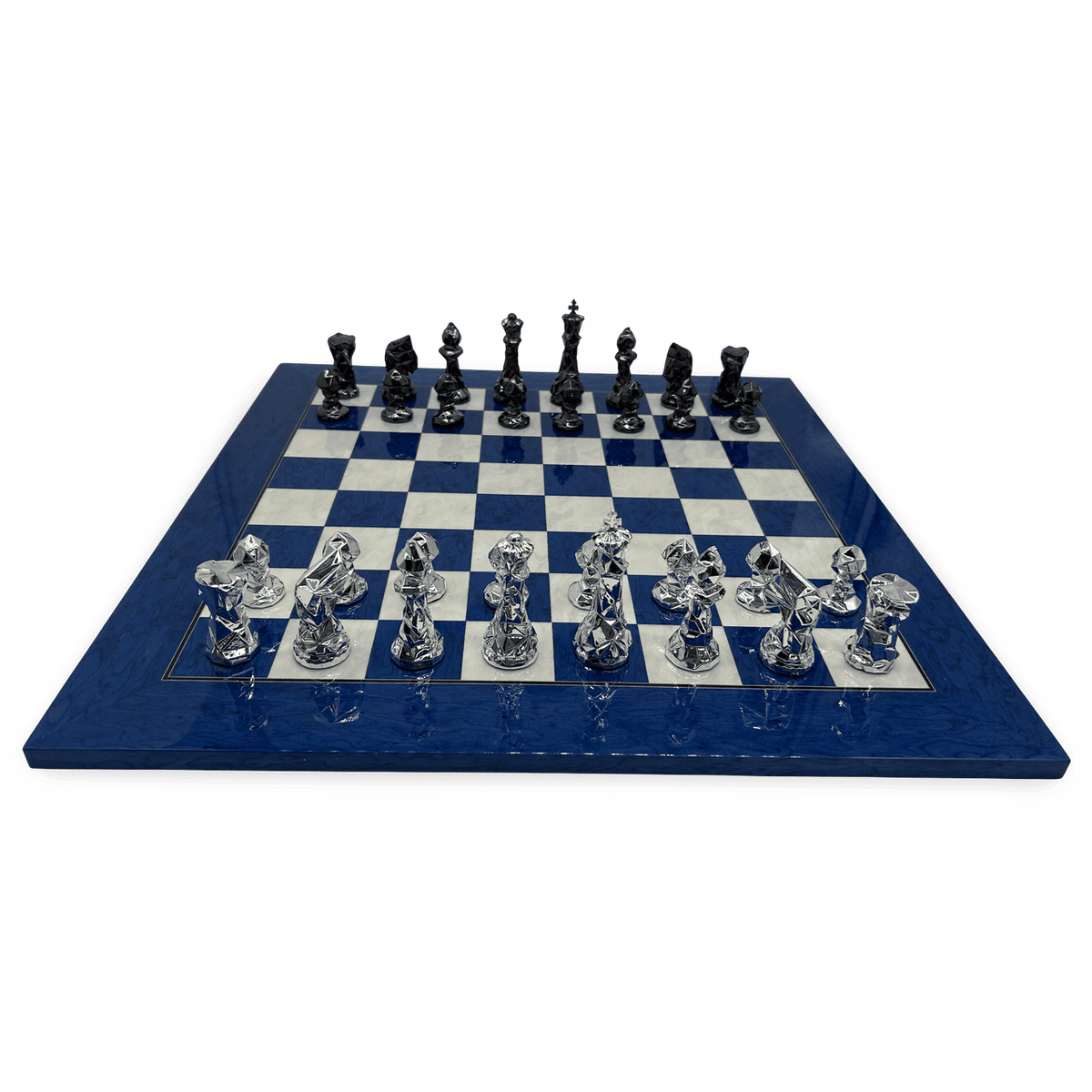 Blue Diamond Chess Set - on blue wooden chessboard front view