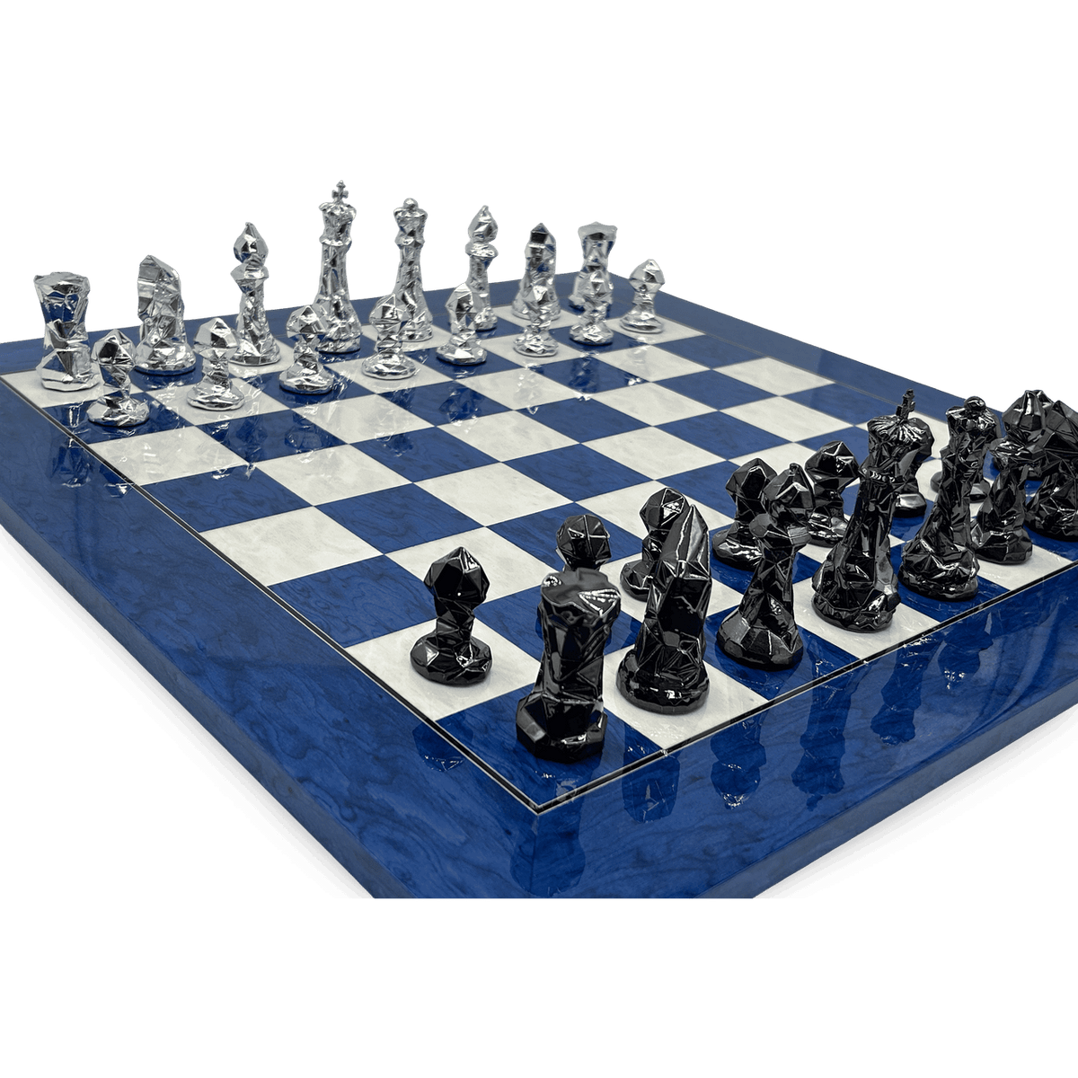 Blue Diamond Chess Set - on blue wooden chessboard