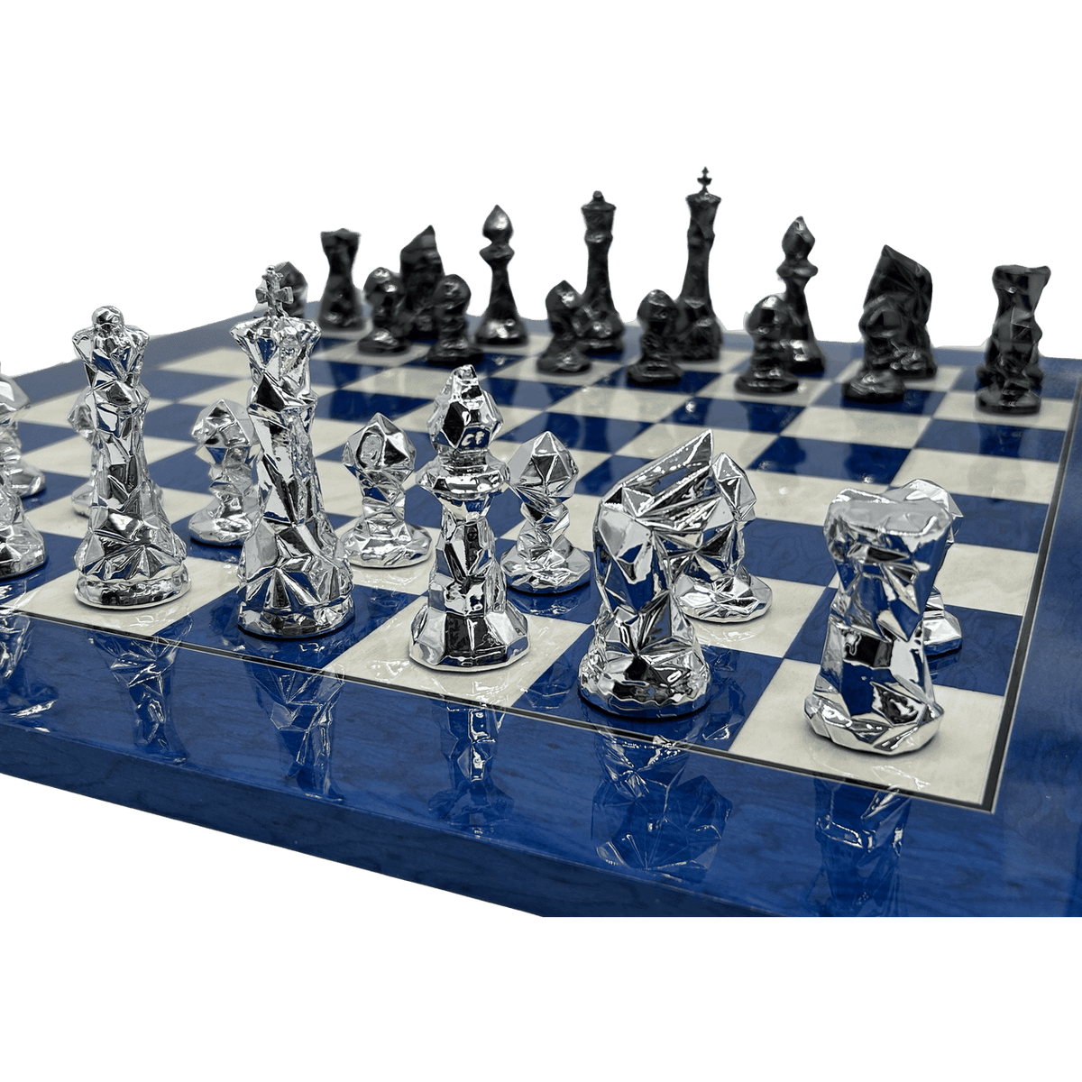 Blue Diamond Chess Set - diamond cut resin pieces in play
