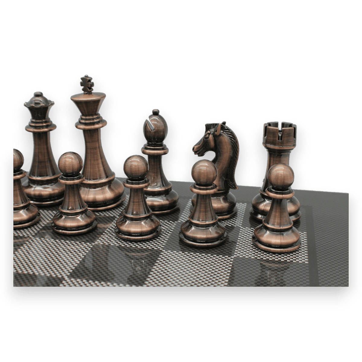 Dal Rossi Carbon Fibre Finish Chess Board & 105mm Bronze/Copper Colour Chess Pieces (L2266 & L3223) dark