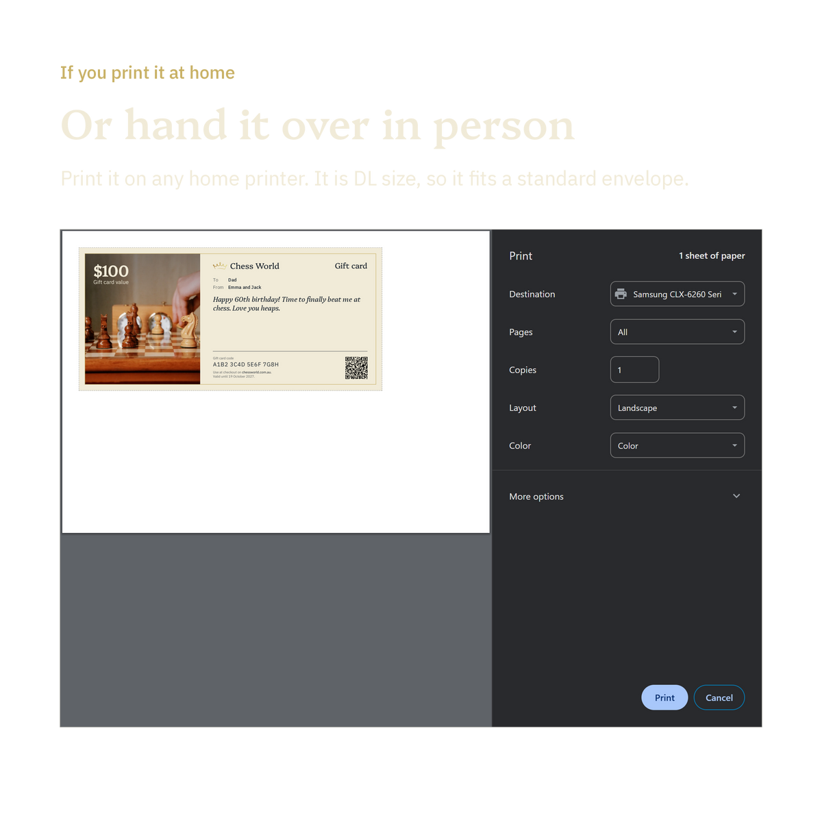 The DL gift card ready to print at home, with a personal message