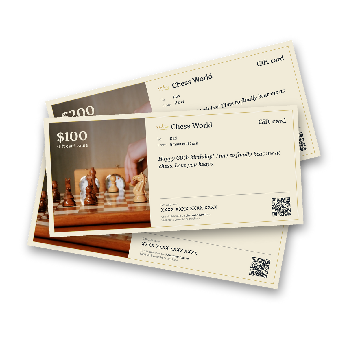 Chess World gift cards with a personal message