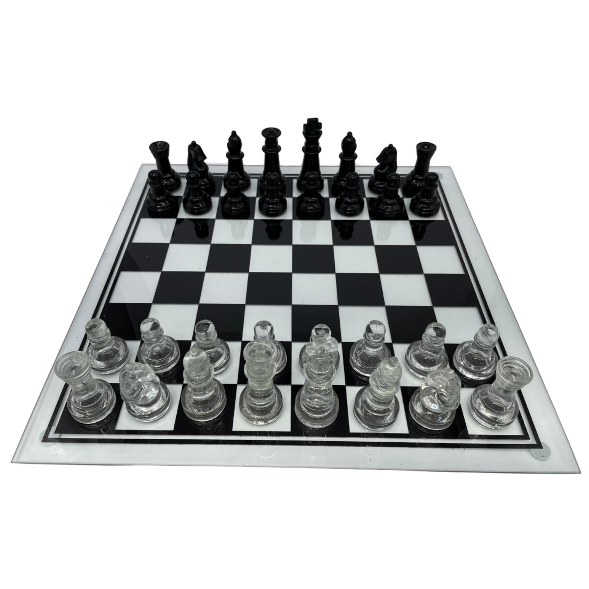 Ex-Display Glass Chess Set 35cm with Clear and Black pieces - set up