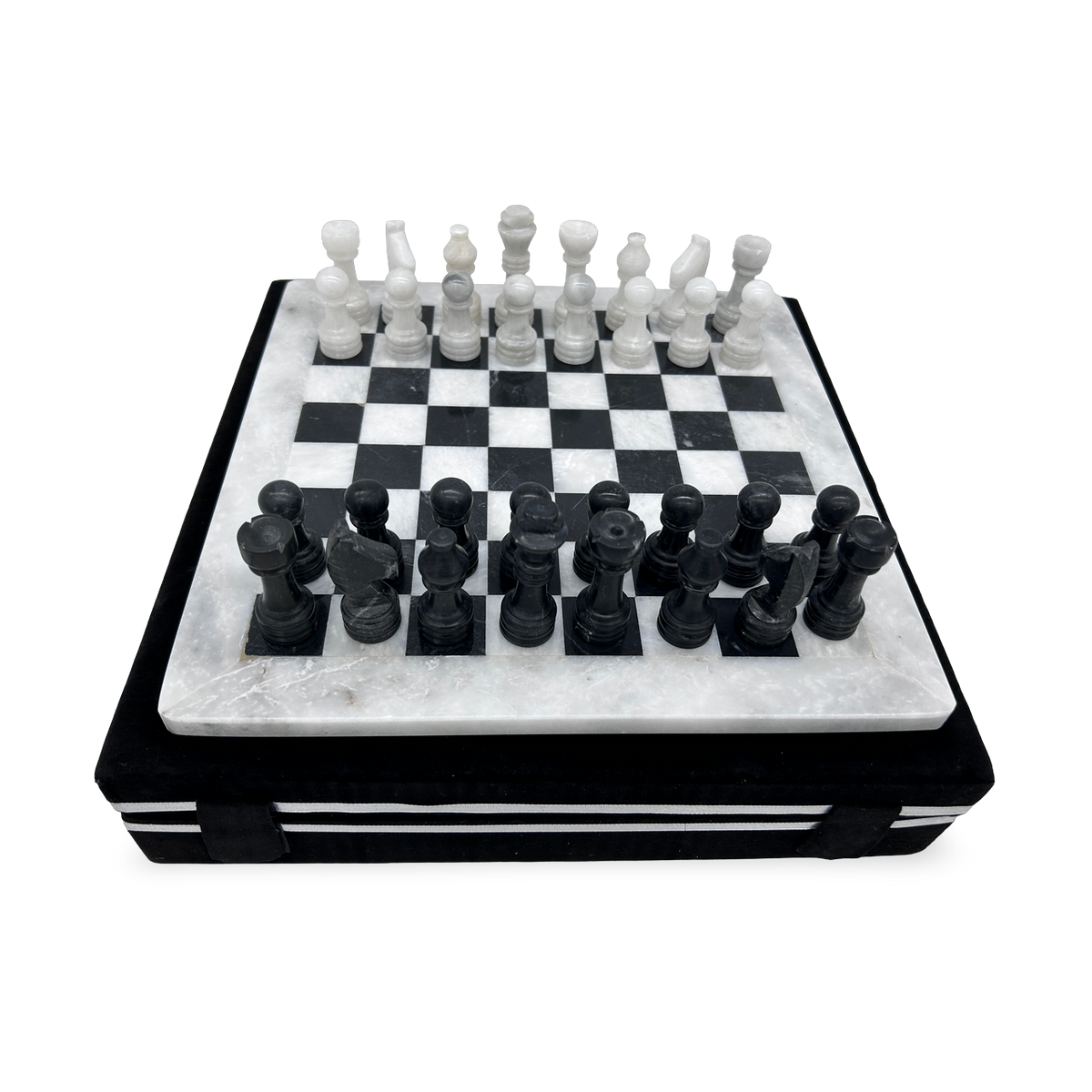 Black & White Marble Chess Set - Damaged Product Sale - with black velour case