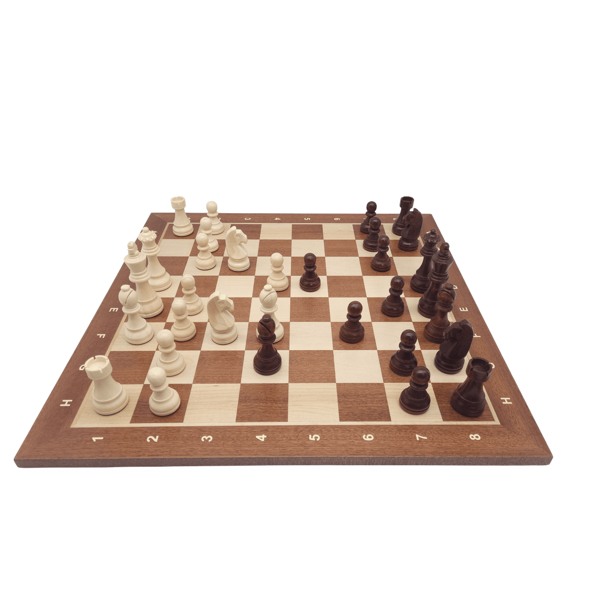 Mahogany finish coordinates board with pieces - side view