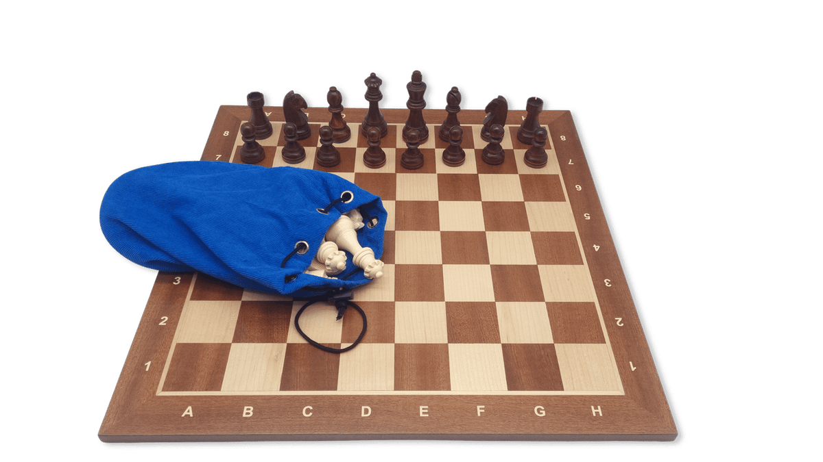 Wooden chess pieces displayed on board with storage bag