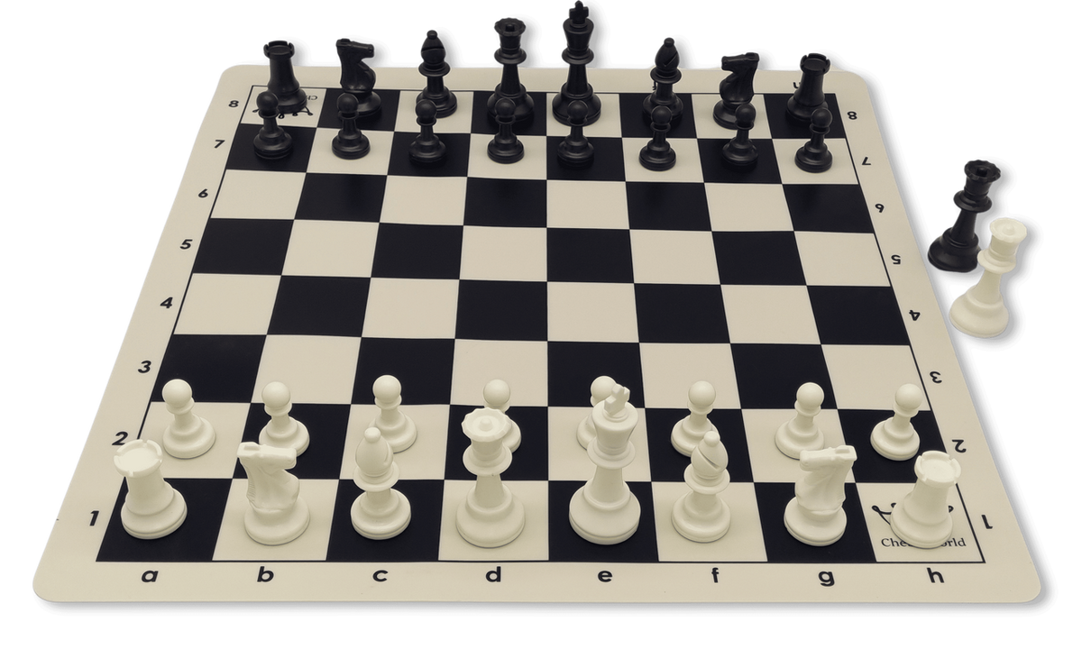 Tournament Chess Set - Double Weighted Pieces & Silicone Roll Up Board Bundle black and white