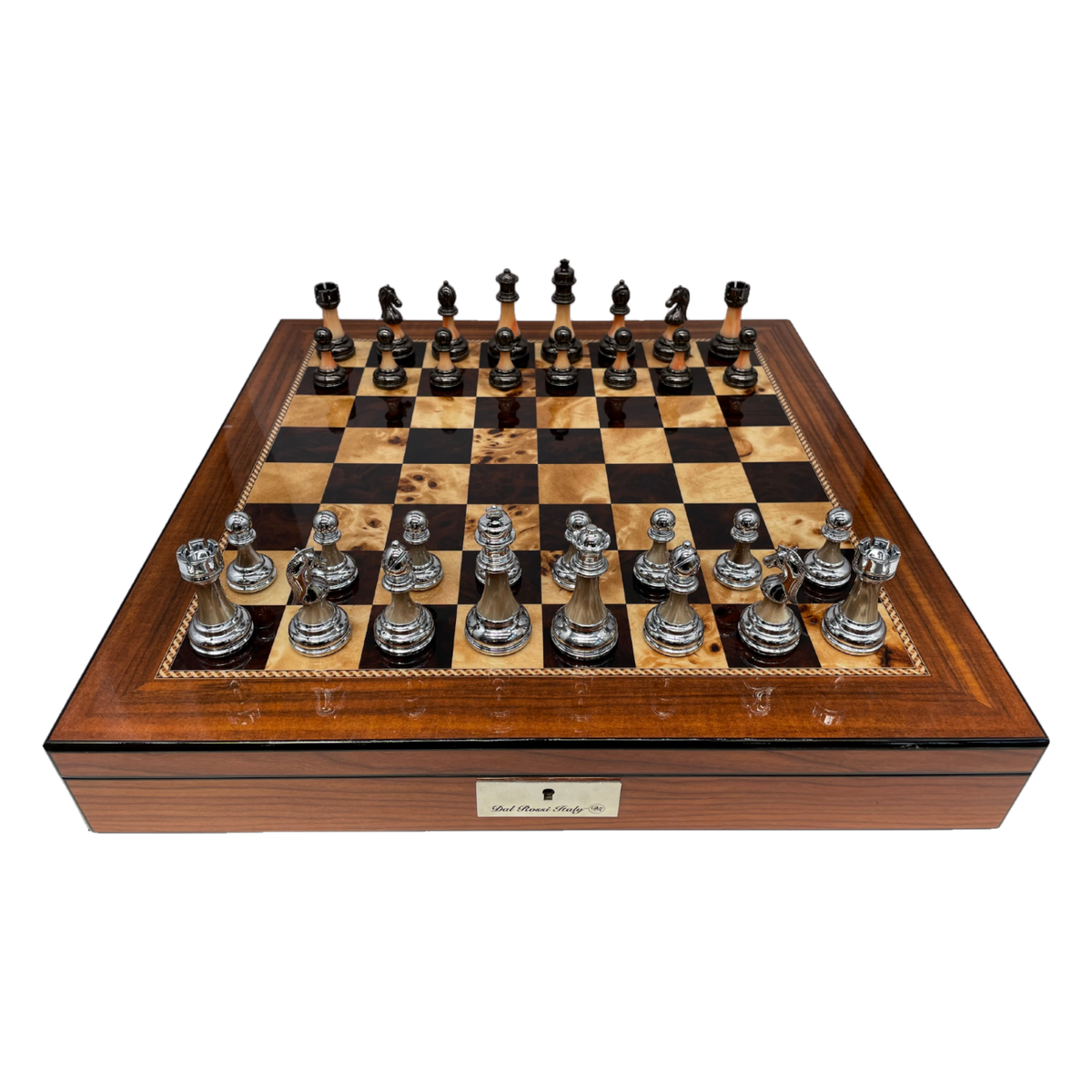 Dal Rossi 50cm Walnut Board with 90mm Metal and Marble look Stem Chess Pieces (L2255DRandDCP15H)
