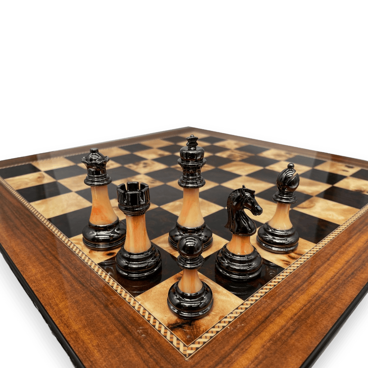 Dal Rossi 50cm Walnut Board with 90mm Metal and Marble look Stem Chess Pieces (L2255DRandDCP15H) dark