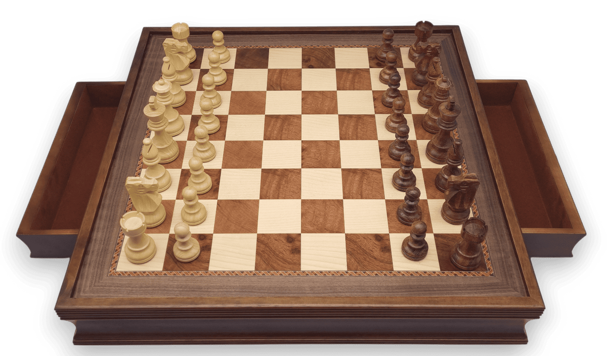 Dal Rossi 50cm Wooden Board with Drawers and Dal Rossi 95mm Sheesham Double Weighted Chess Pieces drawers open