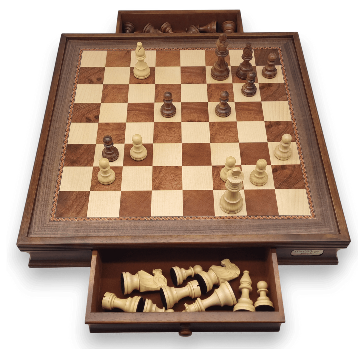 Dal Rossi 50cm Wooden Board with Drawers and Dal Rossi 95mm Sheesham Double Weighted Chess Pieces drawers open