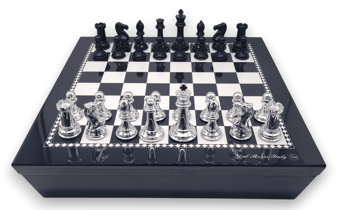 Dal Rossi Italy Black and White High Gloss Finish Angular Chess Box 50cm with compartments and Resin Staunton Pieces with High-Gloss Look - Silver & Black