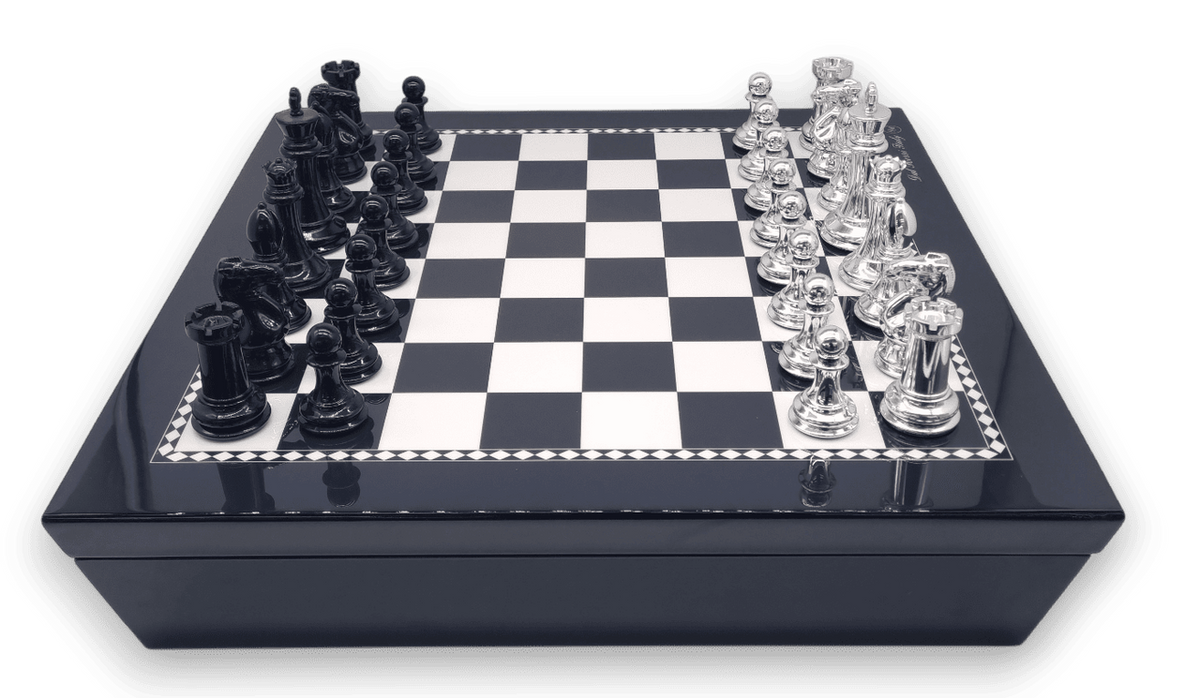 Dal Rossi Italy Black and White High Gloss Finish Angular Chess Box 50cm with compartments and Resin Staunton Pieces with High-Gloss Look - Silver & Black