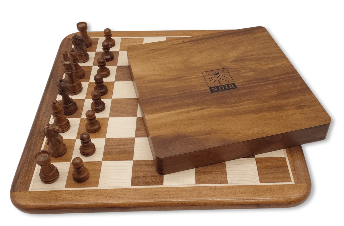 Rex Noir London Classic Double Weighted Acacia Staunton Chess Pieces with carved Knight board and box