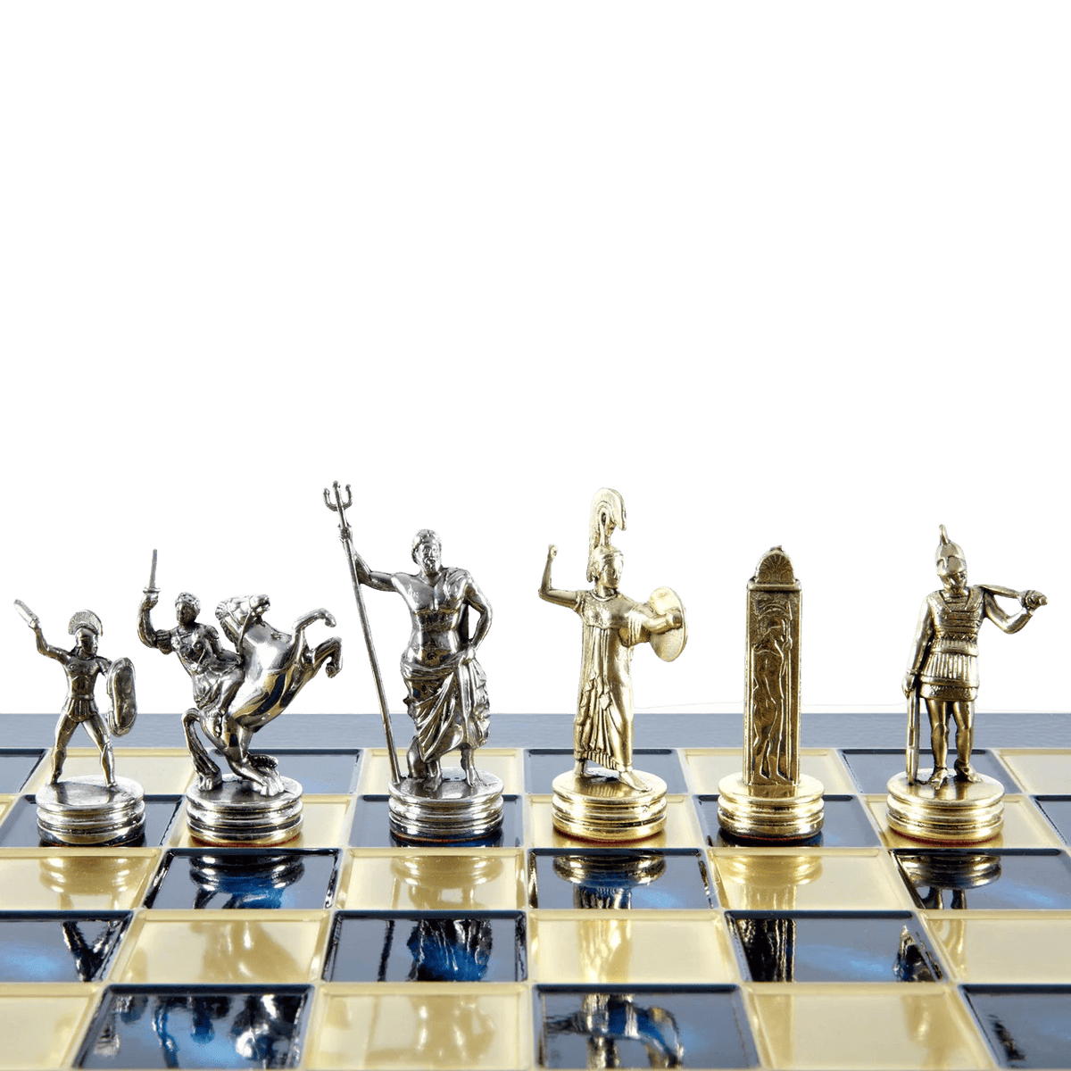 Greek mythology chess pieces blue metal board themed chess set