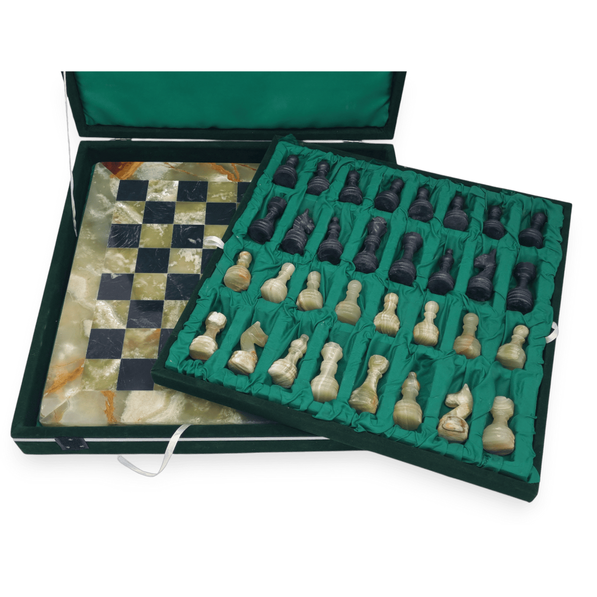 Green Onyx and Black Marble Chess Set in Green Case