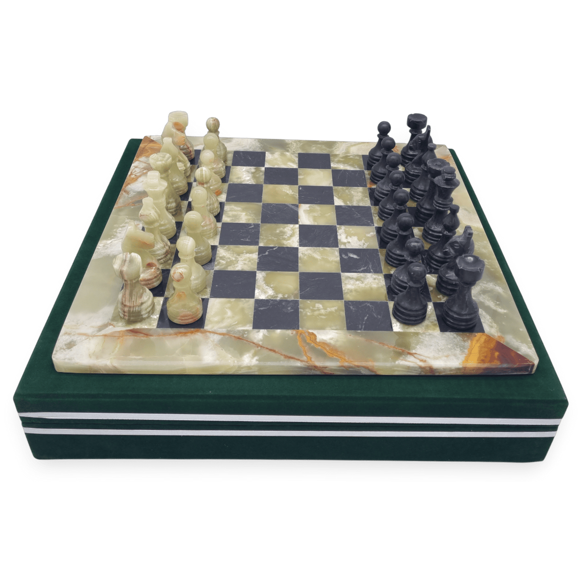Green Onyx and Black Marble Chess Set with Green Case