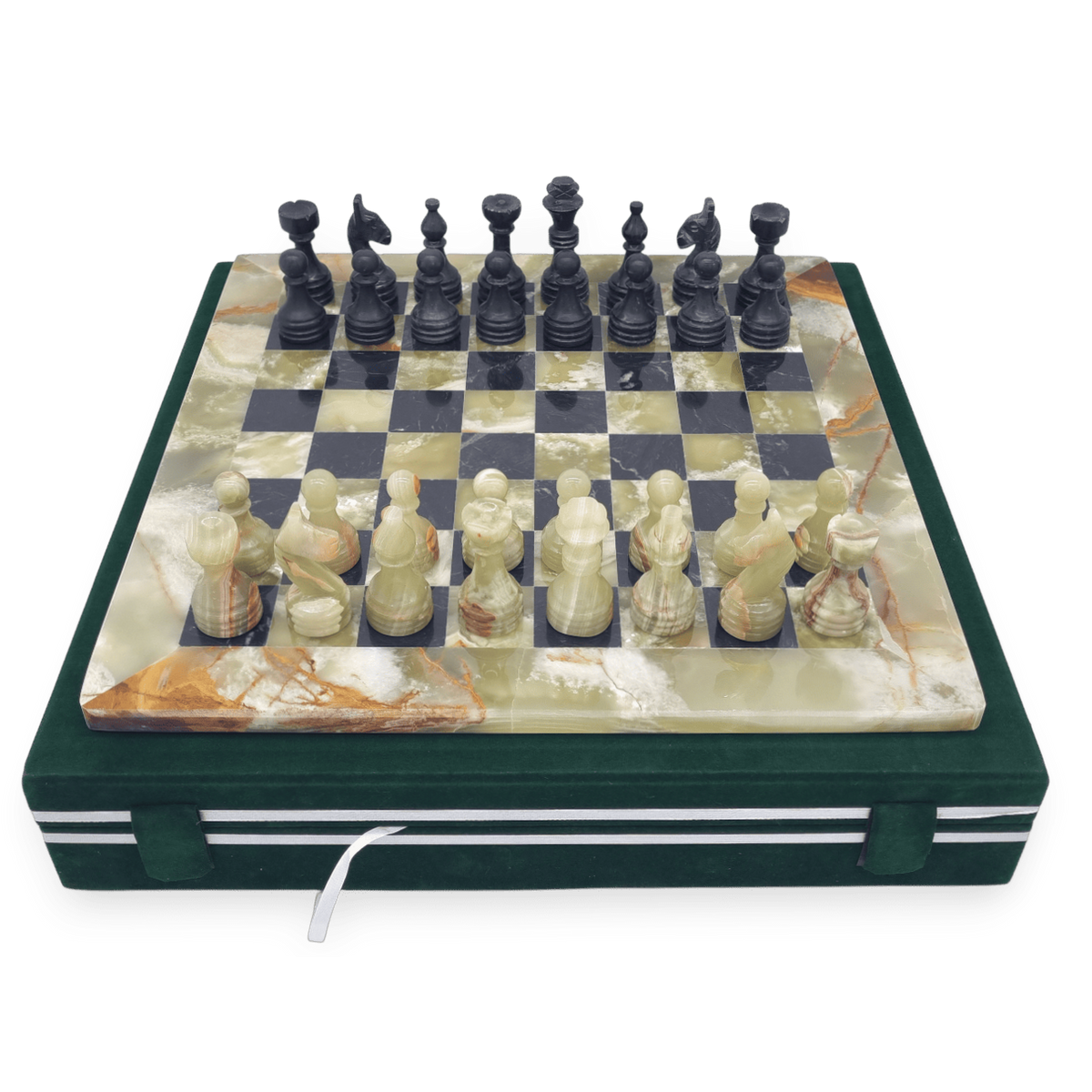 Green Onyx and Black Marble Chess Set in Green Case