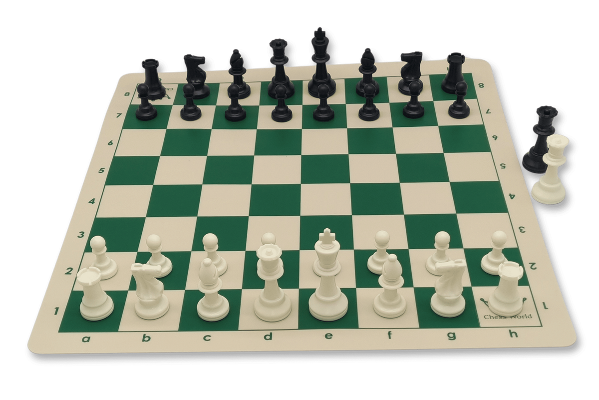 Tournament Chess Set - Double Weighted Pieces & Silicone Roll Up Board Bundle green and white