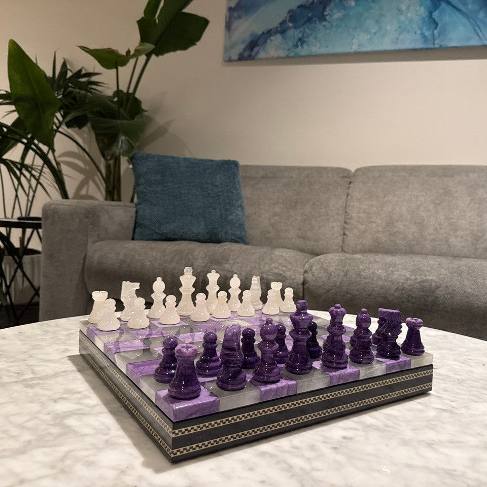 Amethyst Haze Modern Alabaster Chess Set - Living room with box