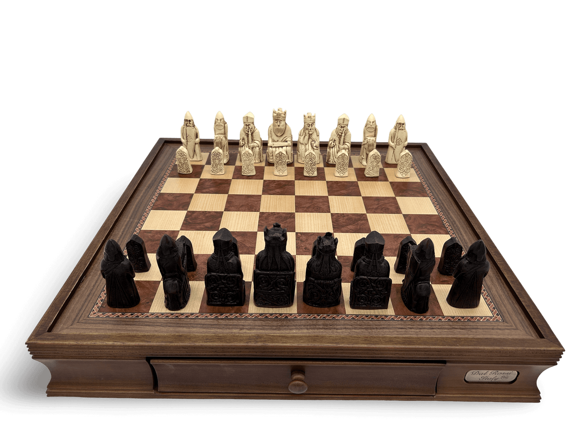 Dal Rossi Isle of Lewis Chess Pieces with 50cm Wooden Chess Board with Storage Drawers - initial position