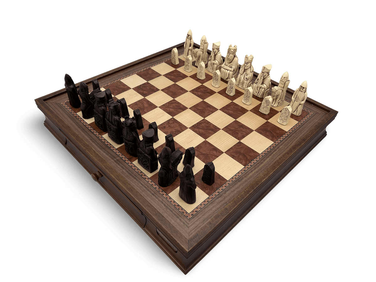 Dal Rossi Isle of Lewis Chess Pieces with 50cm Wooden Chess Board with Storage Drawers - side view