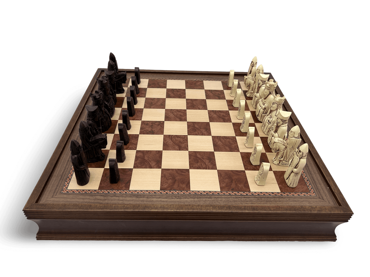 Dal Rossi Isle of Lewis Chess Pieces with 50cm Wooden Chess Board with Storage Drawers - side view