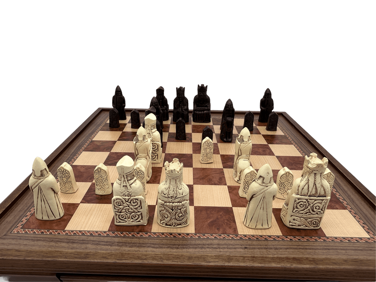 Dal Rossi Isle of Lewis Chess Pieces with 50cm Wooden Chess Board with Storage Drawers - battle in progress