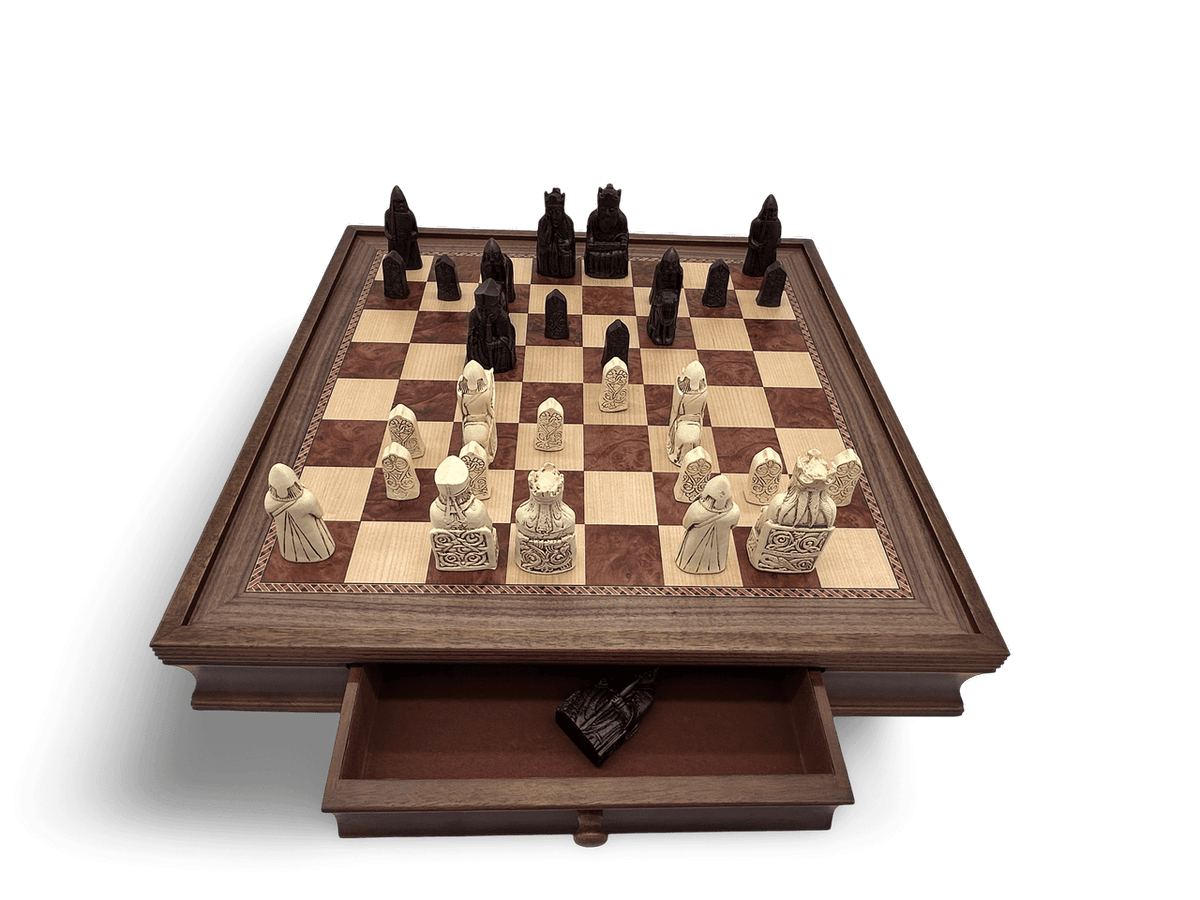 Dal Rossi Isle of Lewis Chess Pieces with 50cm Wooden Chess Board with Storage Drawers - drawer