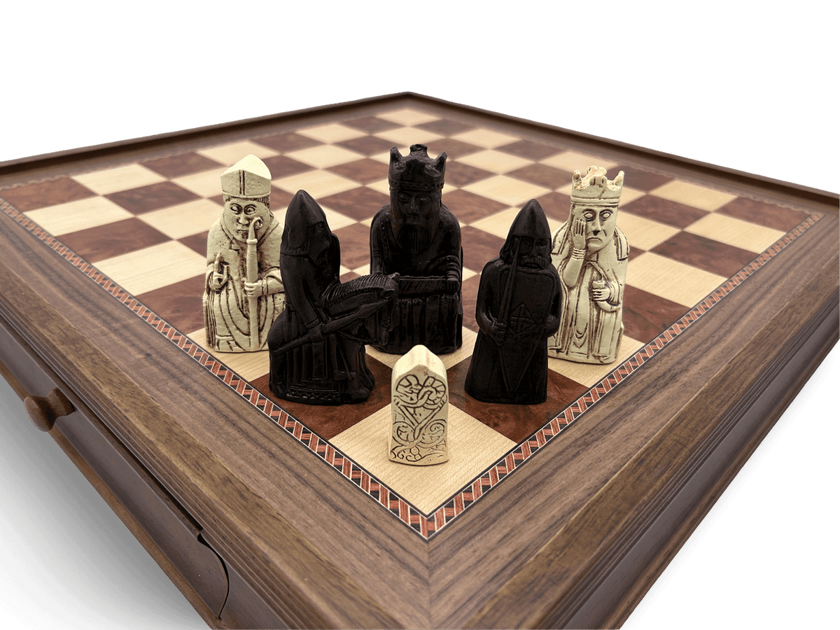 Dal Rossi Isle of Lewis Chess Pieces with 50cm Wooden Chess Board with Storage Drawers - pieces closeup
