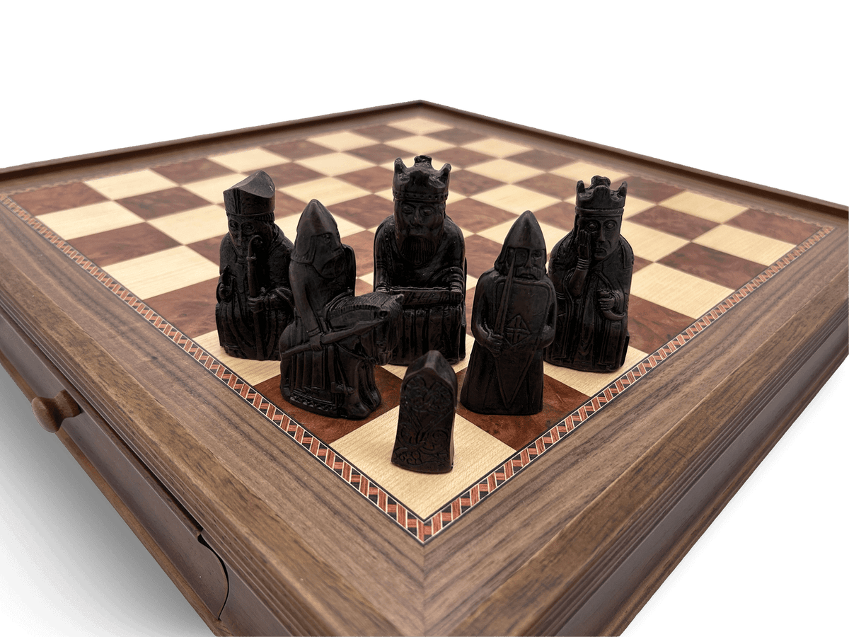 Dal Rossi Isle of Lewis Chess Pieces with 50cm Wooden Chess Board with Storage Drawers - black pieces