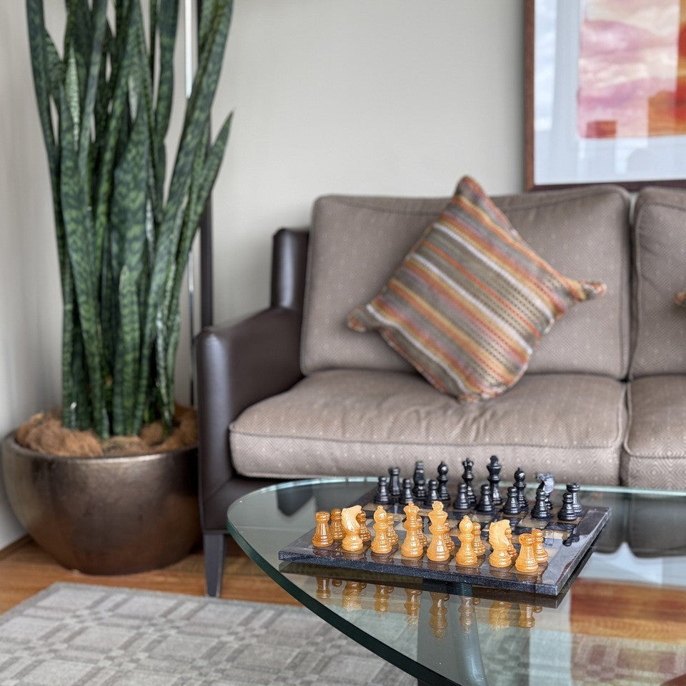 Amber Glow Classic Alabaster Chess Set - distance