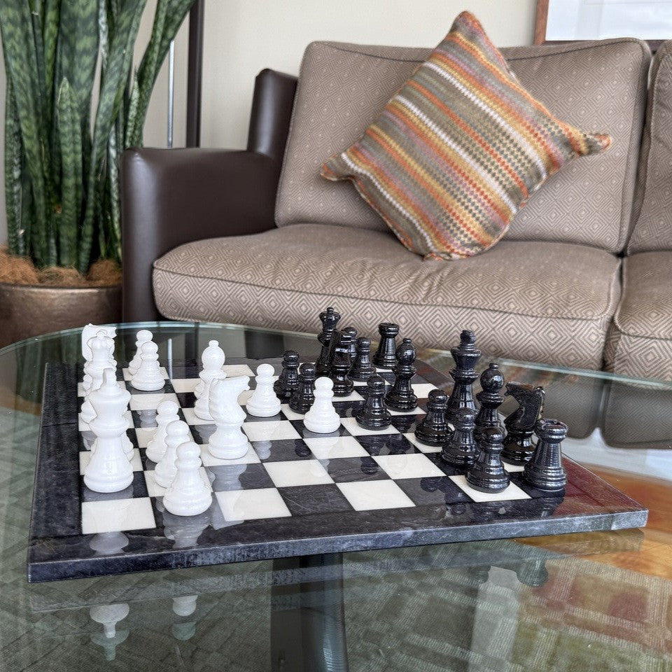 Midnight Pearl Classic Alabaster Chess Set - living room - side view