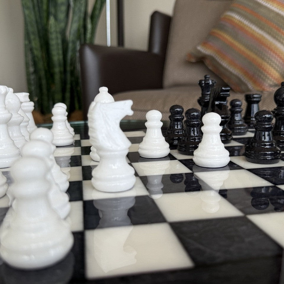Midnight Pearl Classic Alabaster Chess Set - living room - detail
