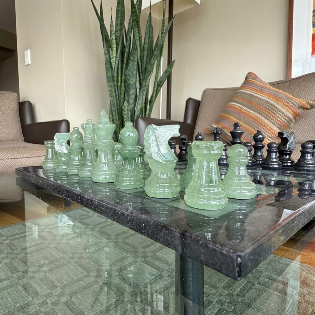 Forest Shadow Classic Alabaster Chess Set - living room - freen pieces