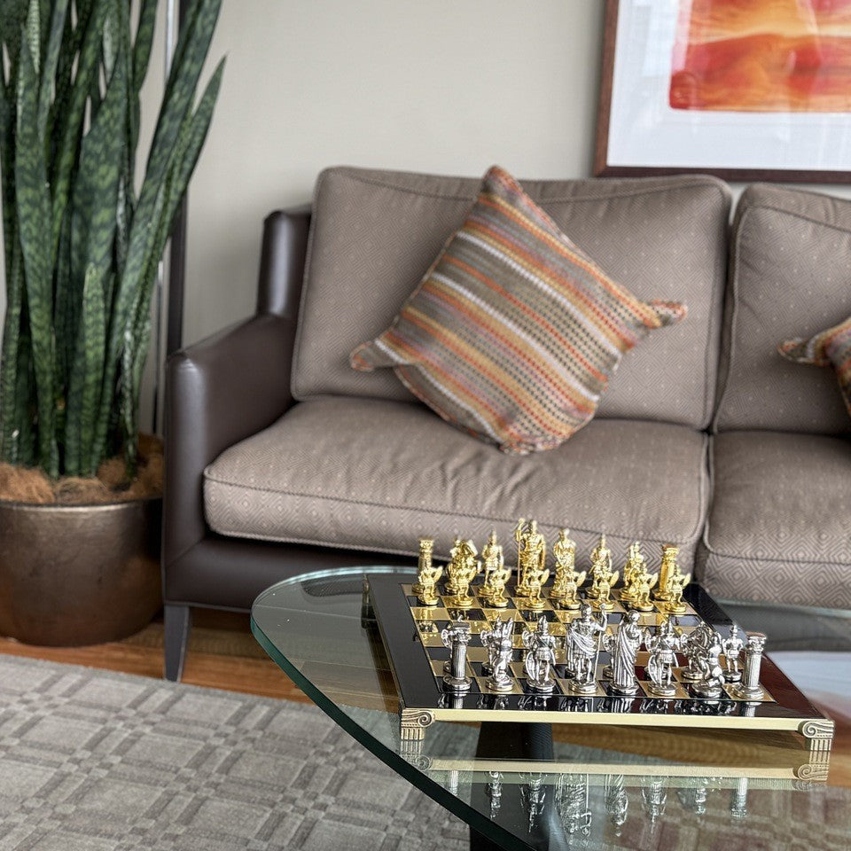 Greek Roman chess set in a living room