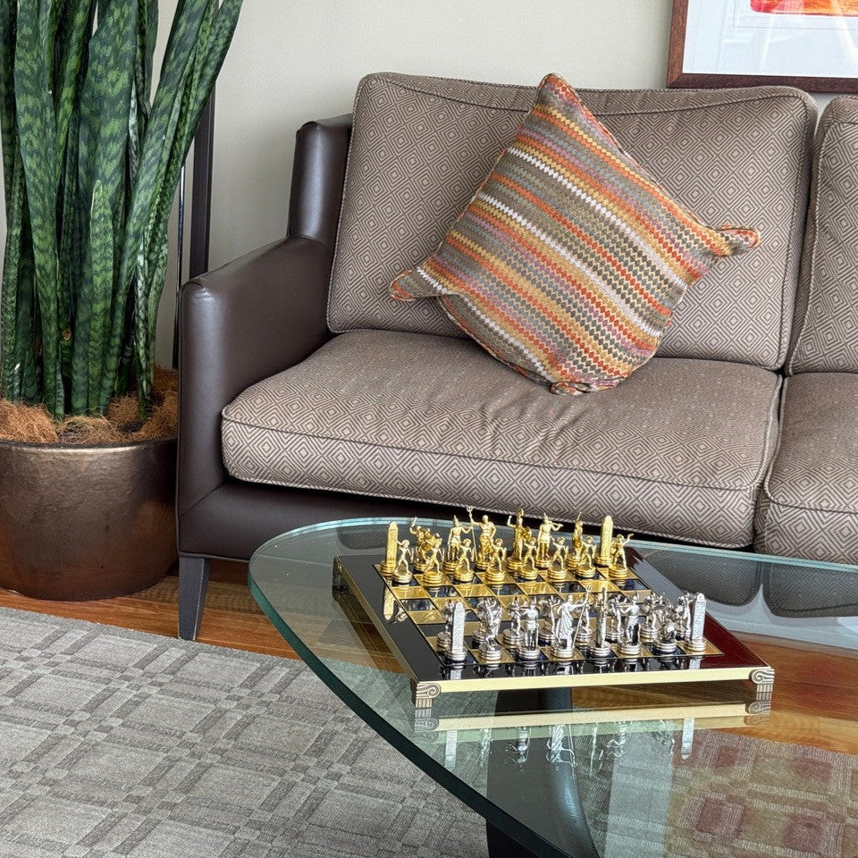 Greek mythology chess set in a living room