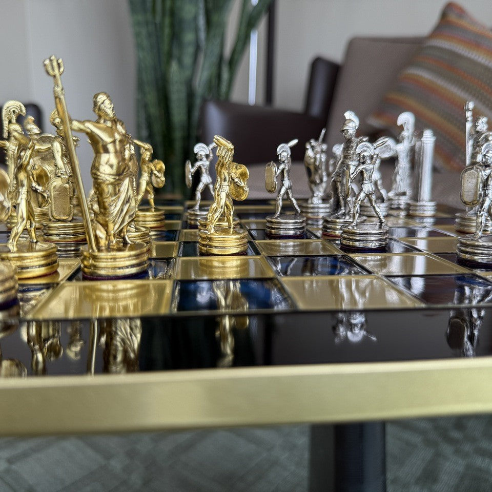 Greek mythology chess set in a living room - detail