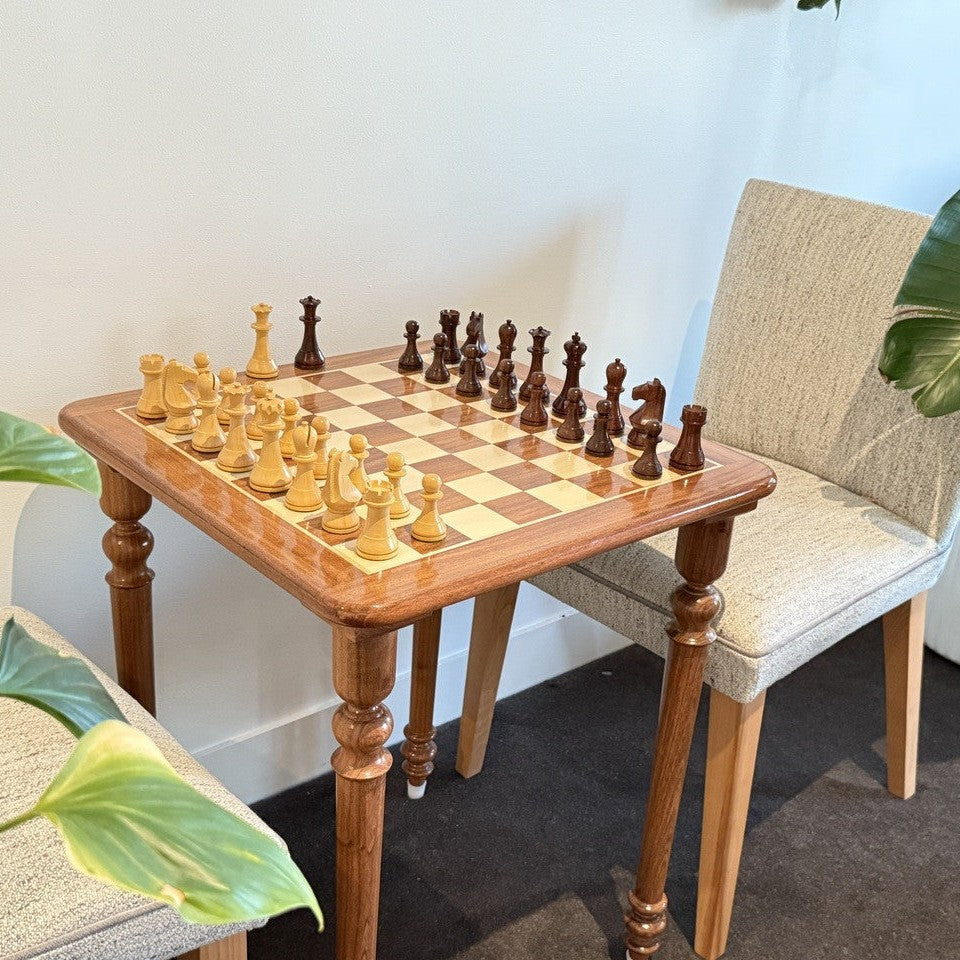 World Championship pieces on Wooden Rex Noir Chess Table - Lifestyle