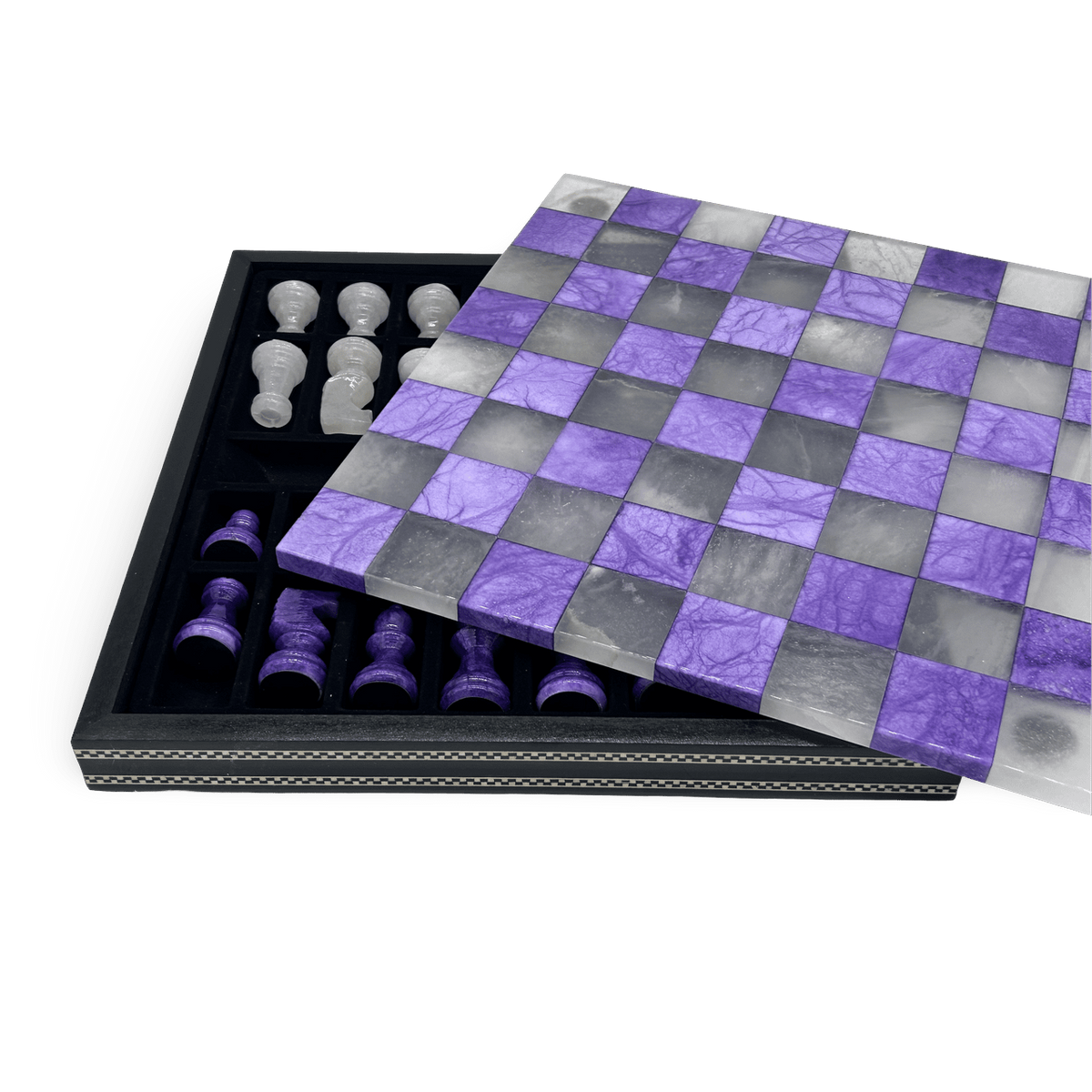 Amethyst Haze Modern Alabaster Chess Set and wooden box