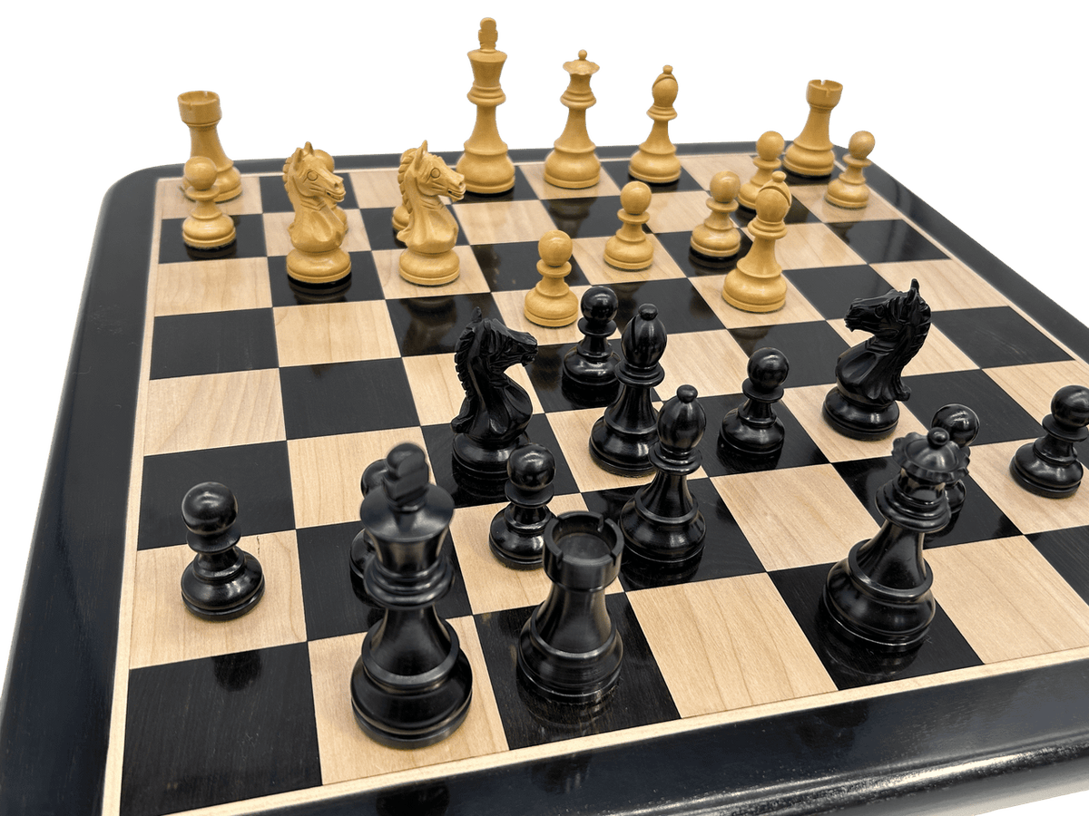 Rex Noir London Classic Double Weighted Ebony Staunton Chess Pieces with carved Knight - detail during game