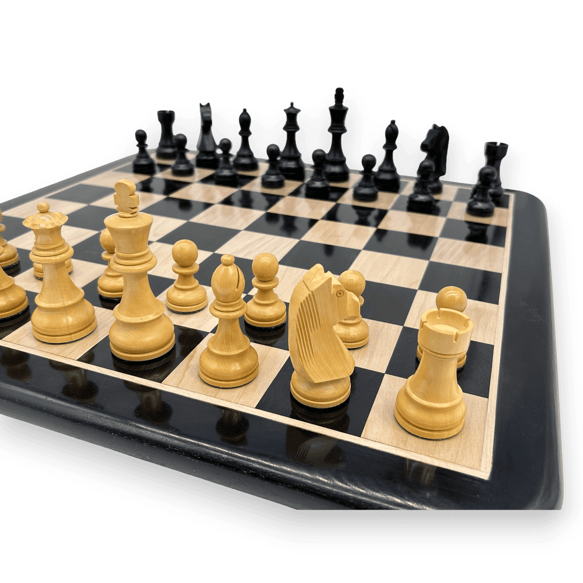 Rex Noir London Noir Double Weighted Ebony Staunton Chess Pieces with Ebony chessboard pieces detail